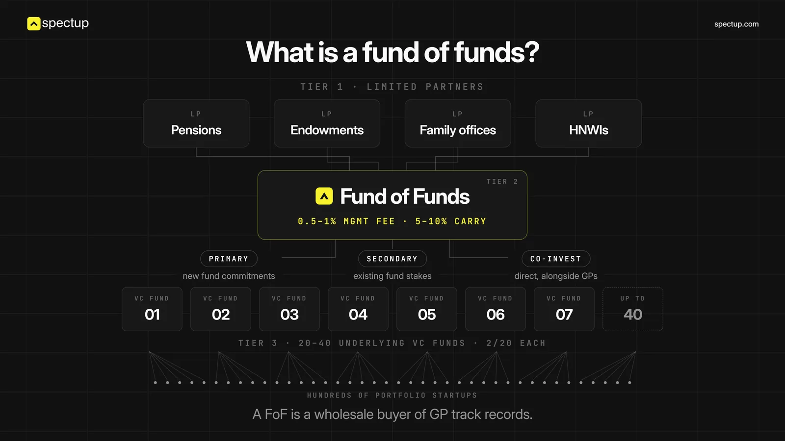 How a fund of funds works: pensions, endowments, family offices and HNWIs commit to the fund of funds, which charges 0.5 to 1% and 5 to 10% carry and backs 20 to 40 venture funds