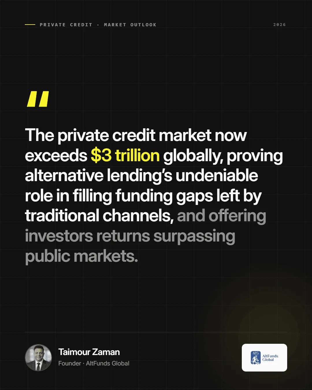 Quote card from Taimour Zaman, founder of AltFunds Global: the private credit market now exceeds $3 trillion globally