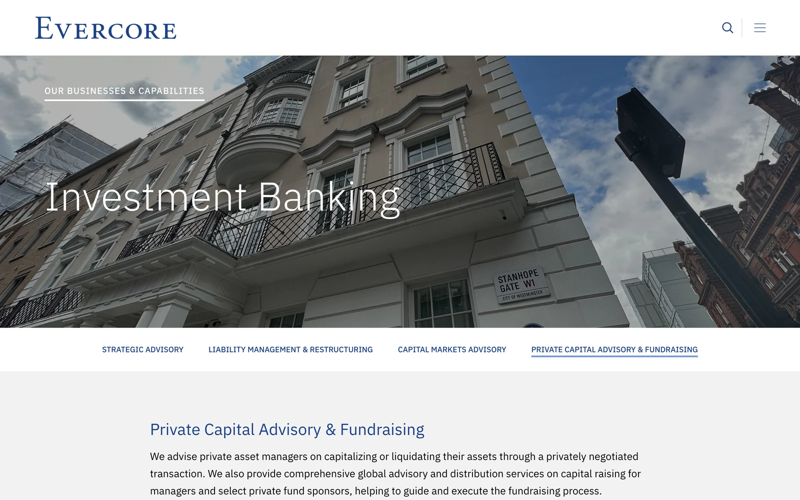 The Evercore Private Funds Group website as it appeared on 15 October 2026