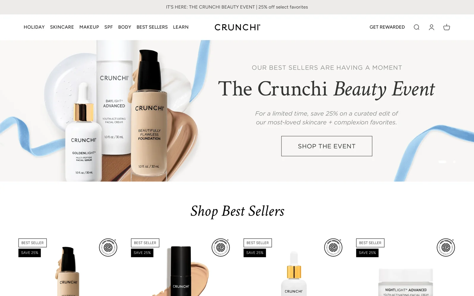 Crunchi homepage with a stack of its make-up and sunscreen boxes, the headline Your Beauty, Unwrapped, and a row of best-selling skincare products