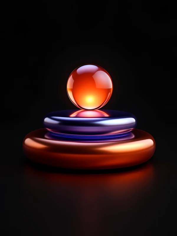 Abstract glowing orange glass sphere resting on stacked glossy metal discs, cover for a guide to management buyouts