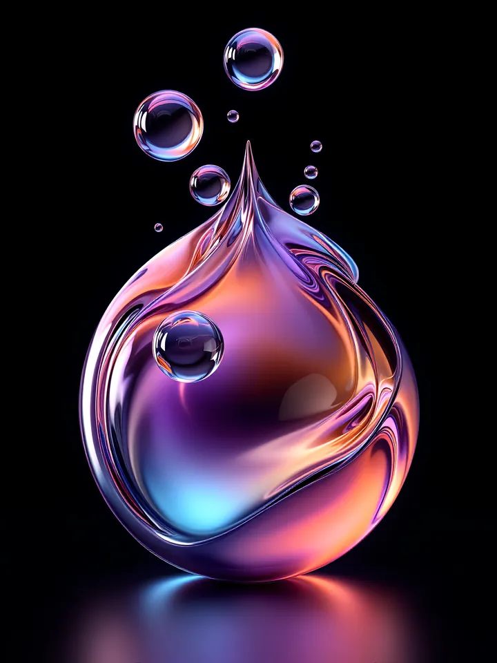 Small glass bubbles gathering around one large iridescent glass drop on black, cover for a guide to angel investment trends