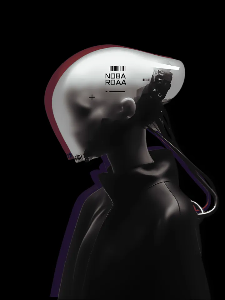 Cover image for the AI fundraising tools guide: a figure in a black coat wearing a white robotic helmet wired to the collar