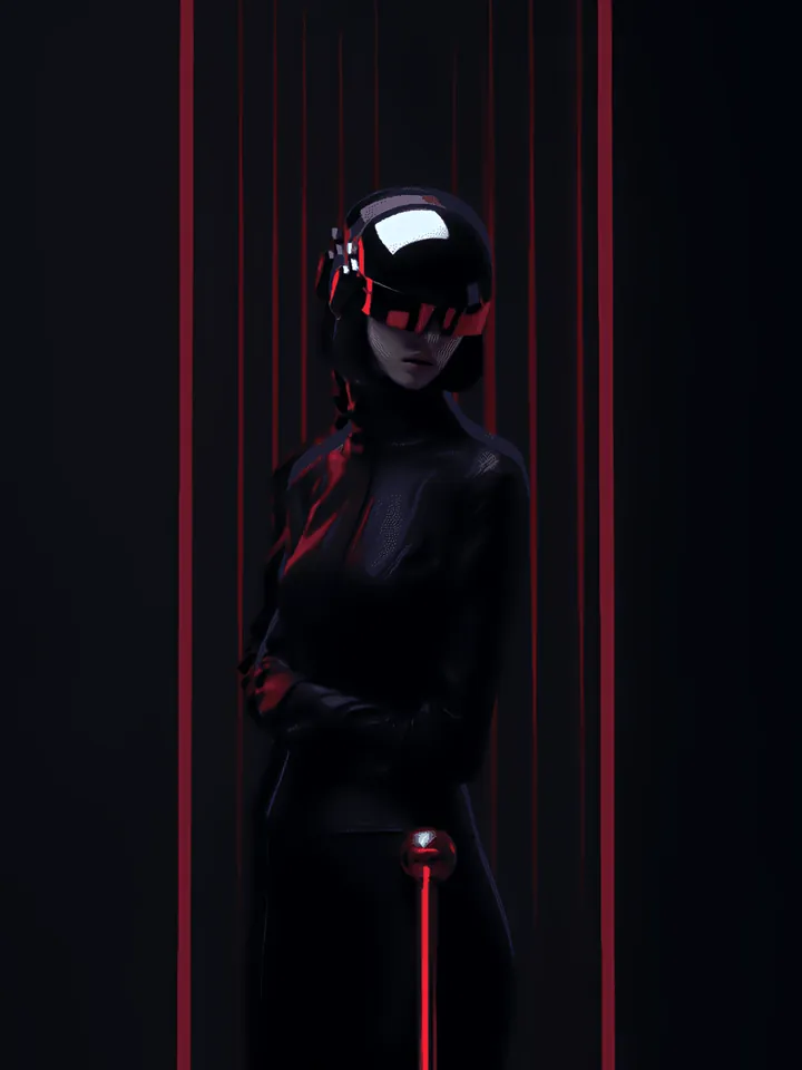 Cover image for the corporate venture capital guide: a figure in a black visor helmet standing between vertical red lines
