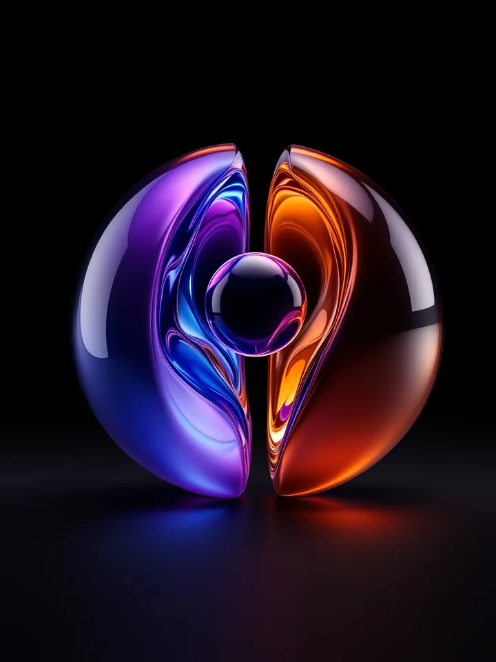 Abstract glass sphere split into two halves with a smaller orb held between them on black, cover for an earnout guide