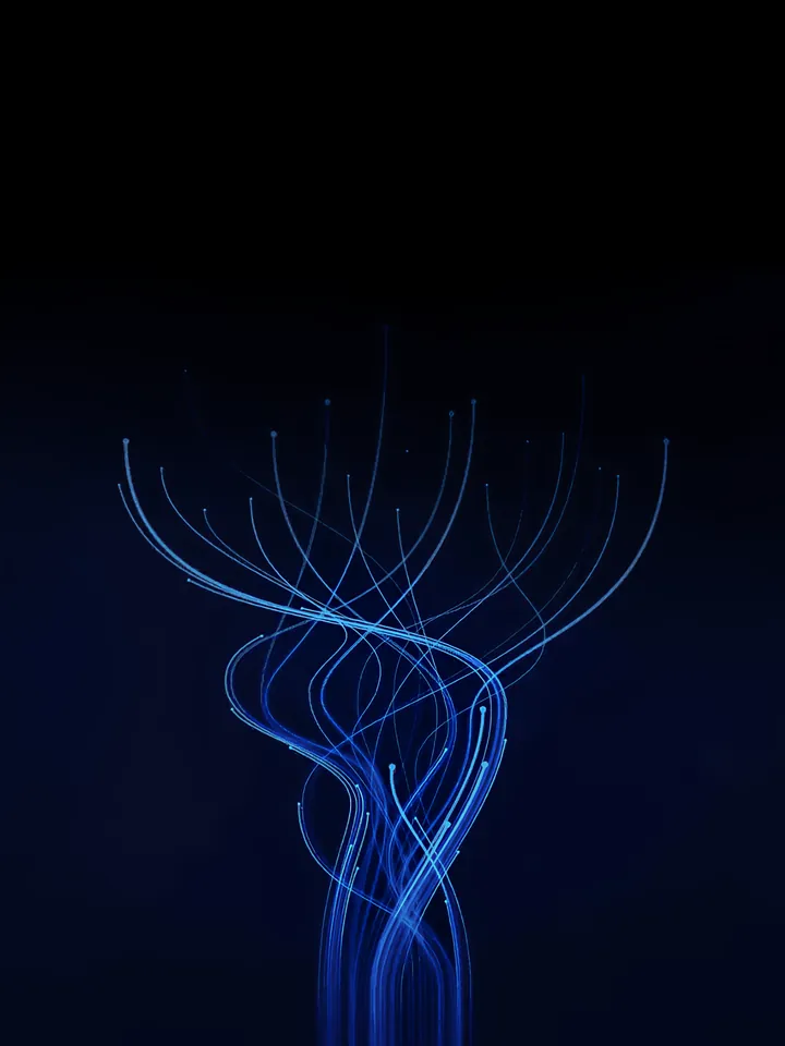 Cover image for the pitch deck by stage guide: blue fibre-optic strands rising from one braid and fanning out