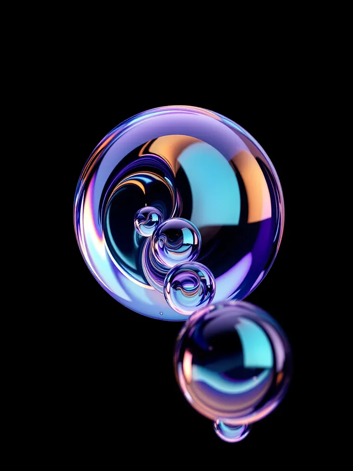 Iridescent glass sphere holding a chain of three small spheres, a second sphere and a droplet hanging below it, on black: cover for a guide on how to raise venture capital