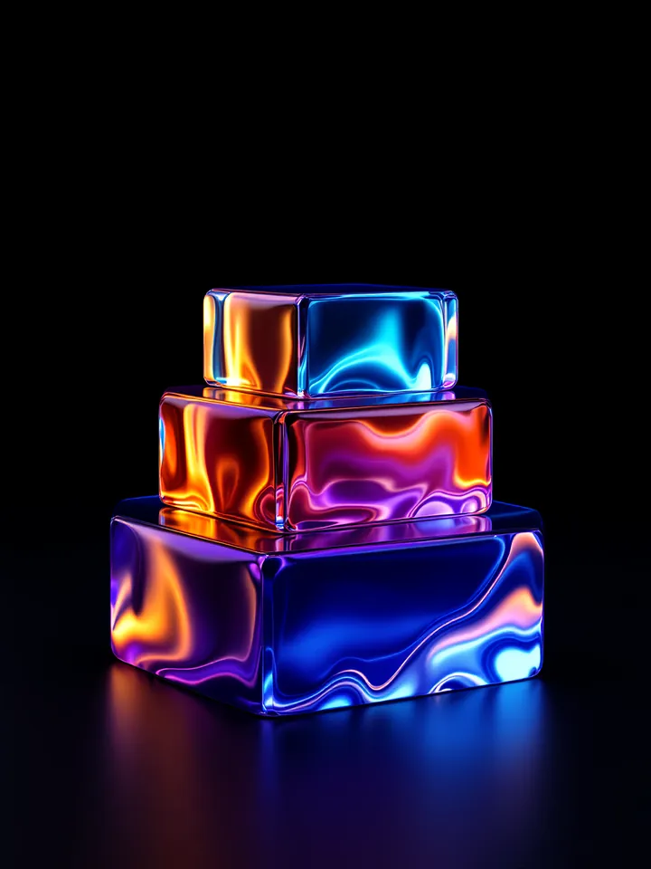 Abstract cover: four glossy glass tiers stacked like a stepped pyramid, each smaller than the one below, for a guide to the Lehman formula and M&A advisory fees