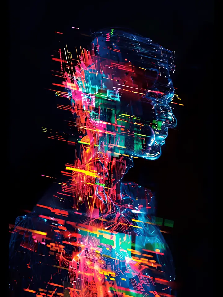Cover image for the non-dilutive funding guide: a human profile breaking up into streaks of coloured digital glitch