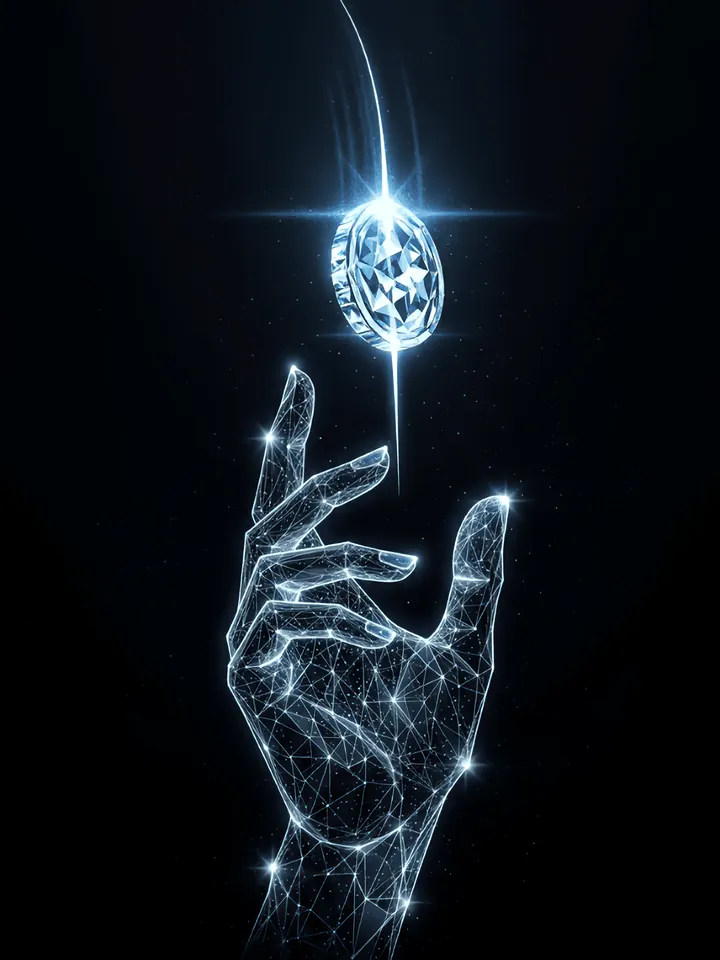 Cover image for the fund administrator guide: a wireframe hand of light holding up a glowing coin