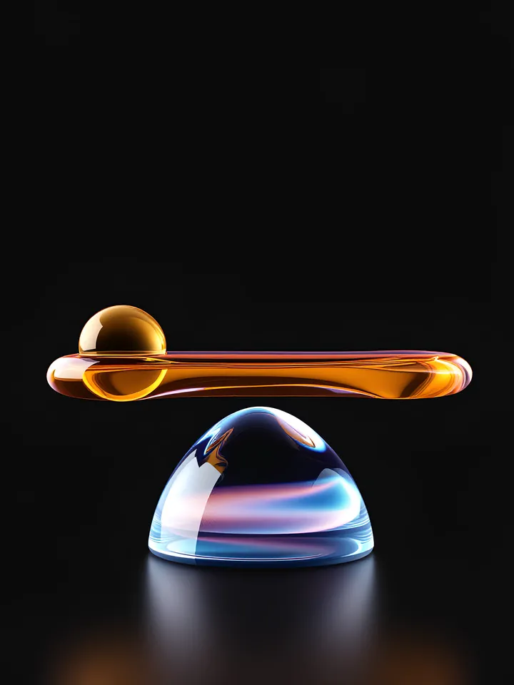 Abstract amber glass beam balanced on a clear glass dome with a gold sphere at one end, cover for a guide to venture capital vs investment banking
