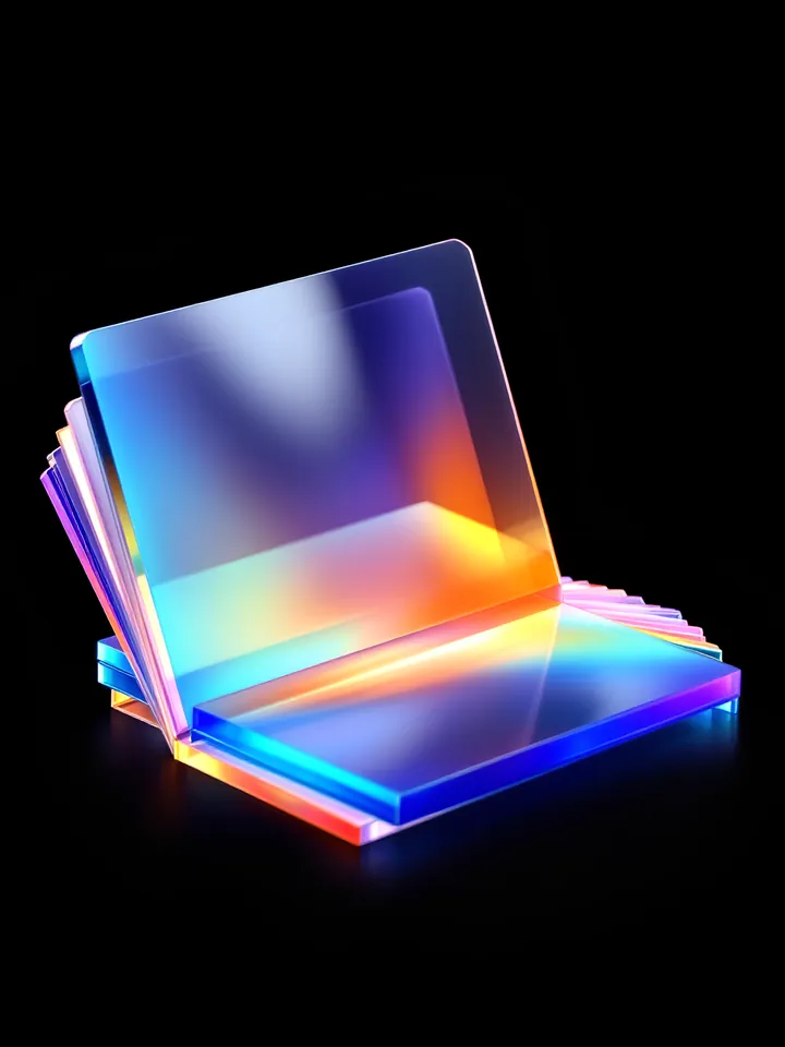 Abstract stack of glass slide panels fanned open with the top panel raised, cover for a guide to what a pitch deck is