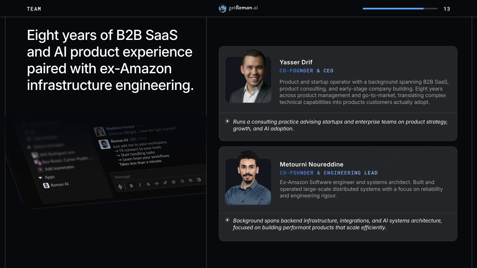 Team slide from an AI software seed deck, a one-line claim on the left and two co-founder profiles with photo, role and background on the right