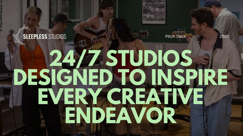 Sleepless Studios pitch deck cover slide by spectup: 24/7 studios designed to inspire every creative endeavor