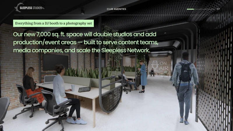 Sleepless Studios pitch deck slide 7 by spectup: the new 7,000 sq. ft. space will double studios and production areas