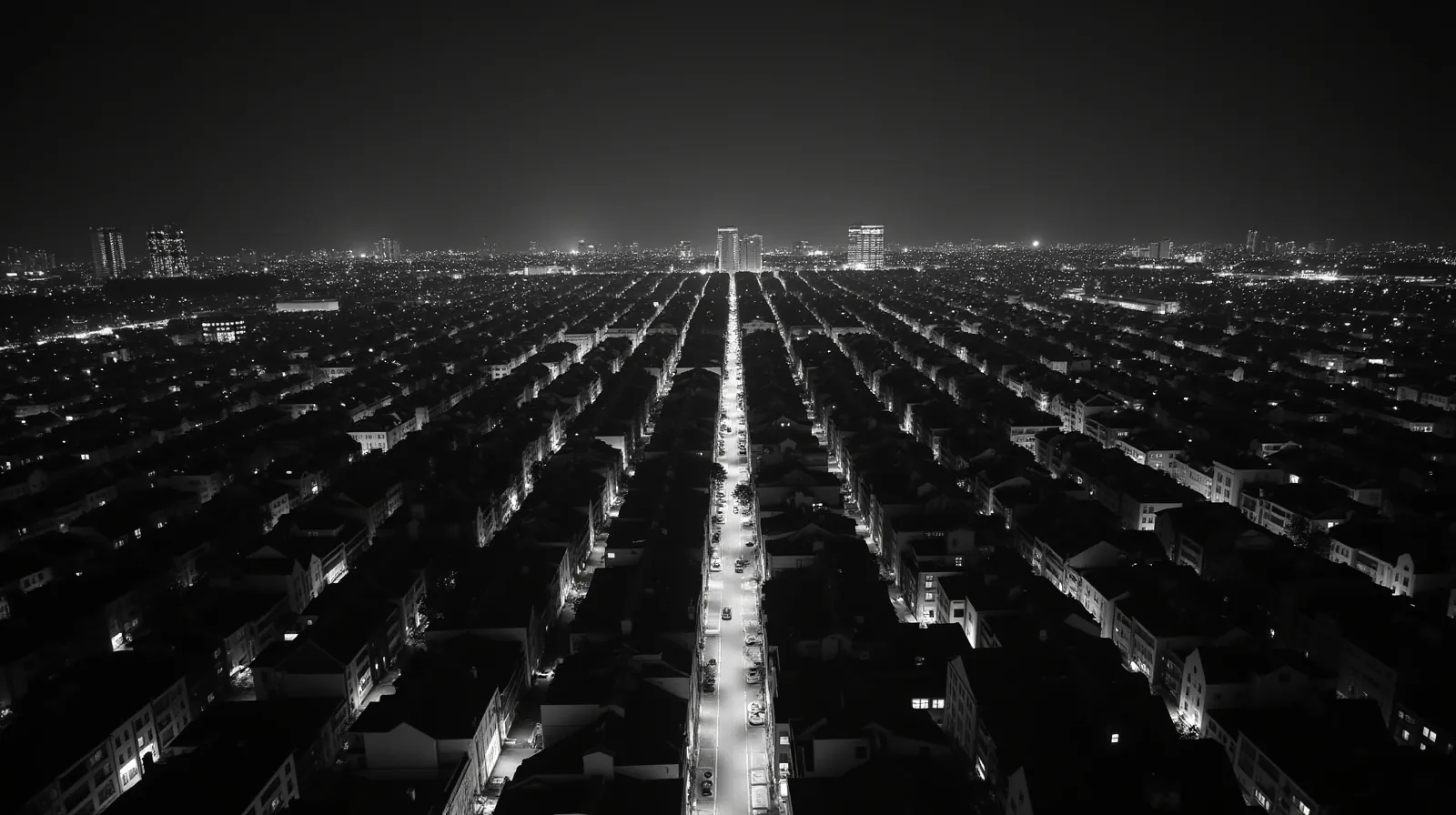 City grid seen from above at night with one avenue lit